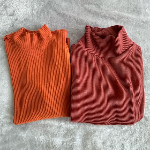 SET of 2 Ribbed Mockneck Long Sleeve Orange Tops - Rachel Zoe and Abound - Picture 2 of 14